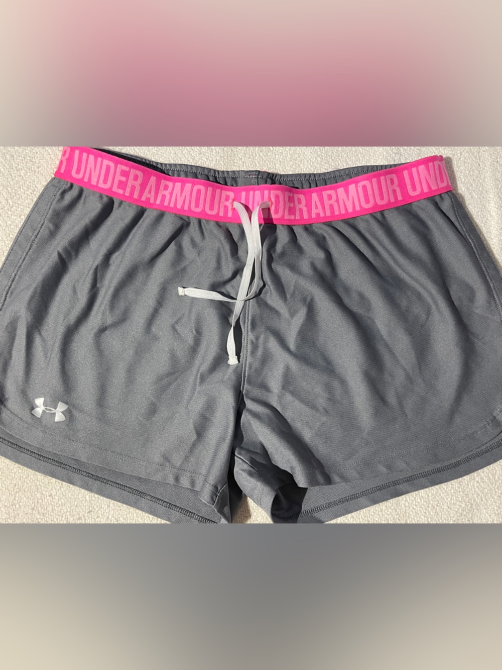 Under Armour Women’s Gray Athletic Shorts with Pink Logo Waistband